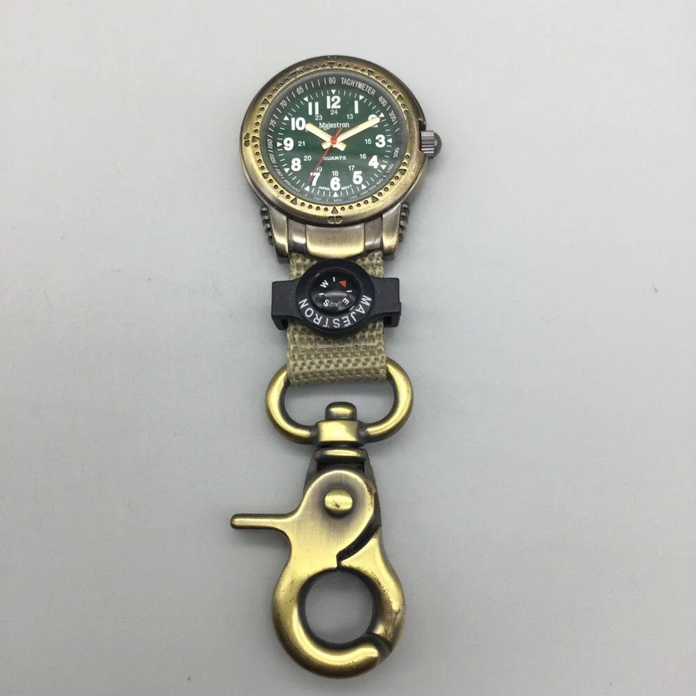 Majestron Key Ring Watch Mens 37mm Green Dial Brass Tone Compass New Battery